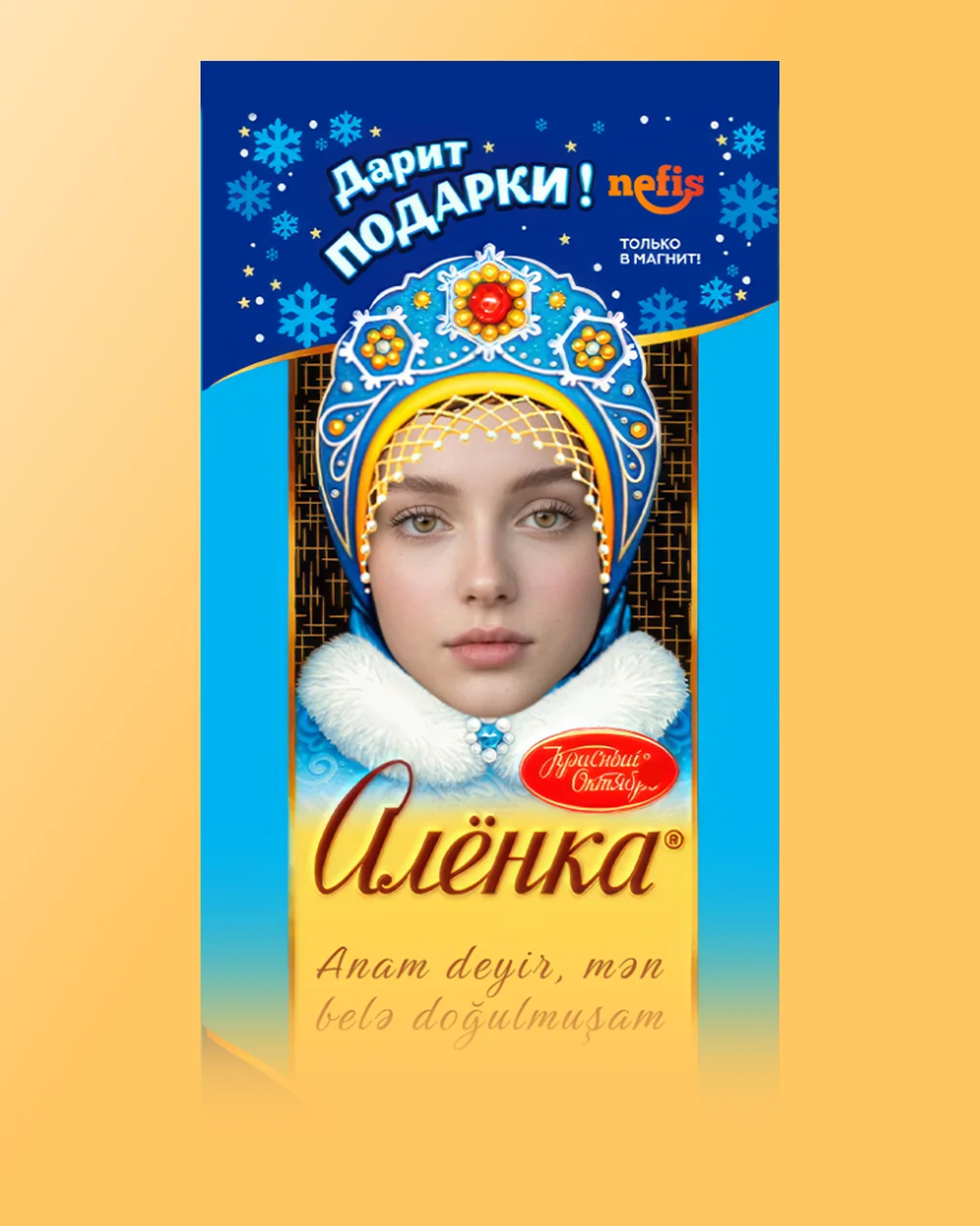 Alyonka "Qar qız", şəkilli şokolad qutusu